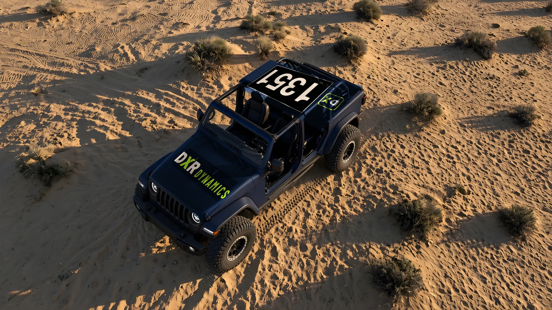 Concept render: MOAB, a navy Jeep JL-based race truck with lime DXR Dynamics graphics and the number 1351 on the roof, seen from above on desert sand